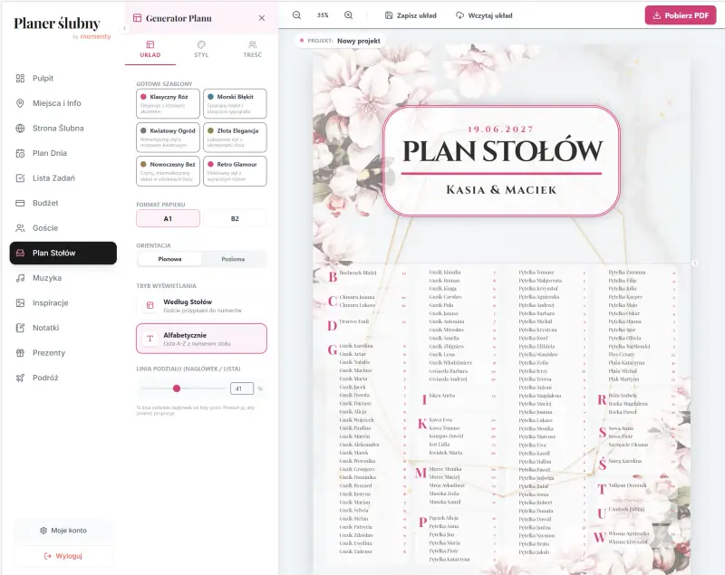 Plan stołów przy wejściu na salę weselną generowany automatycznie na podstawie usadzonych gości Plan stołów przy wejściu na salę weselną generowany automatycznie na podstawie usadzonych gości