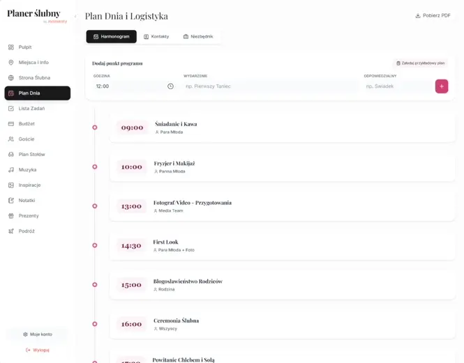 Harmonogram dnia ślubu i logistyka przygotowań w planerze ślubnym online Harmonogram dnia ślubu i logistyka przygotowań w planerze ślubnym online