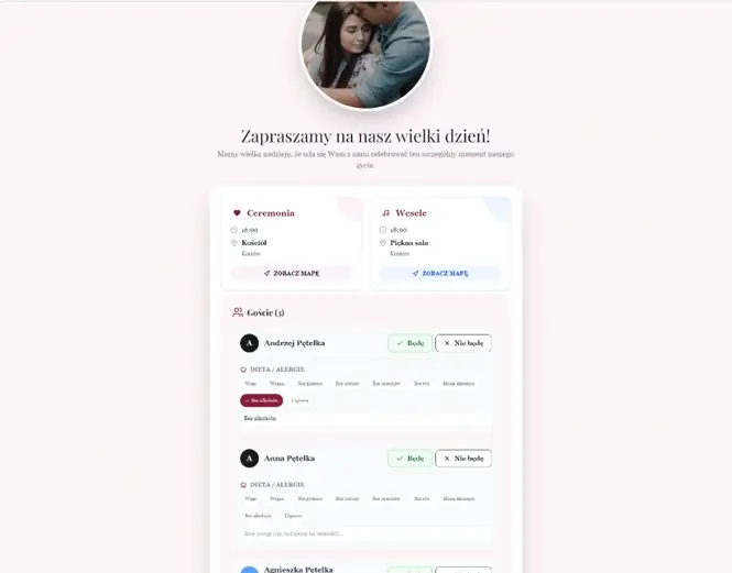 Potwierdzenia RSVP online dla gości weselnych z dodatkowymi informacjami o diecie i noclegu Potwierdzenia RSVP online dla gości weselnych z dodatkowymi informacjami o diecie i noclegu