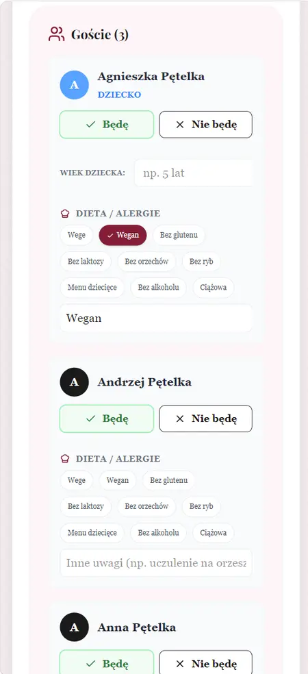Mobilny formularz RSVP dla gości weselnych w planerze Momenty Mobilny formularz RSVP dla gości weselnych w planerze Momenty