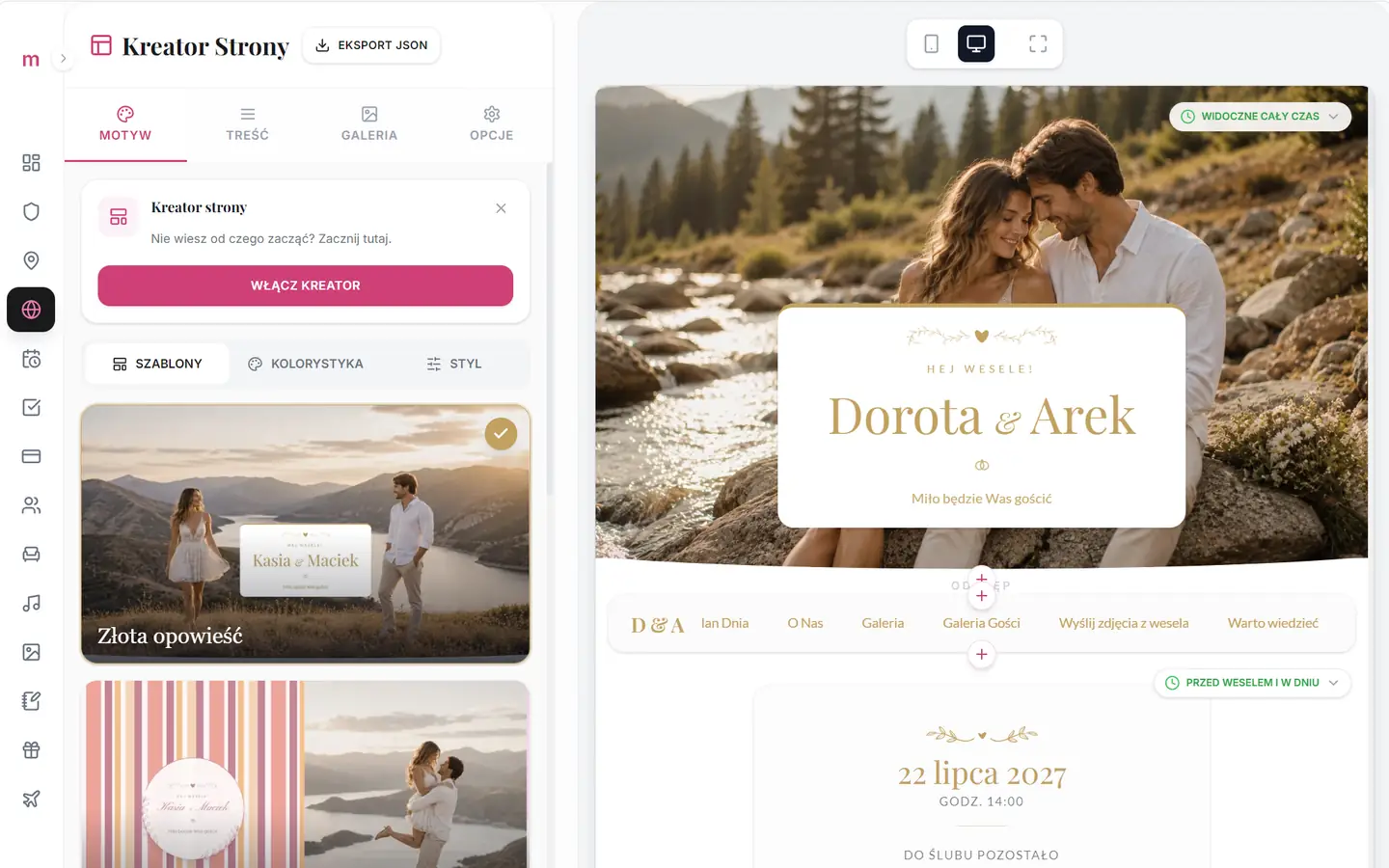 Wybór motywu, kolorystyki i stylu w kreatorze strony ślubnej online