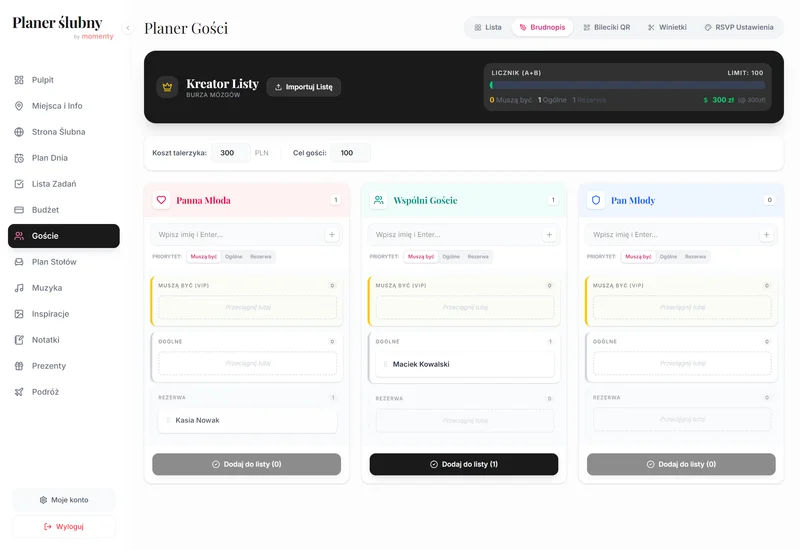 Robocza lista gości weselnych w planerze ślubnym online w widoku desktop Robocza lista gości weselnych w planerze ślubnym online w widoku desktop
