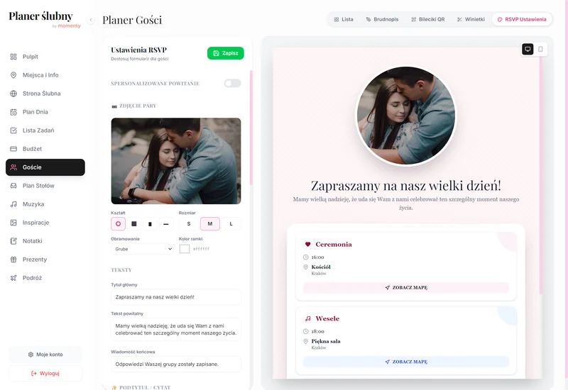 Ustawienia formularza RSVP w module Goście planera Momenty Ustawienia formularza RSVP w module Goście planera Momenty