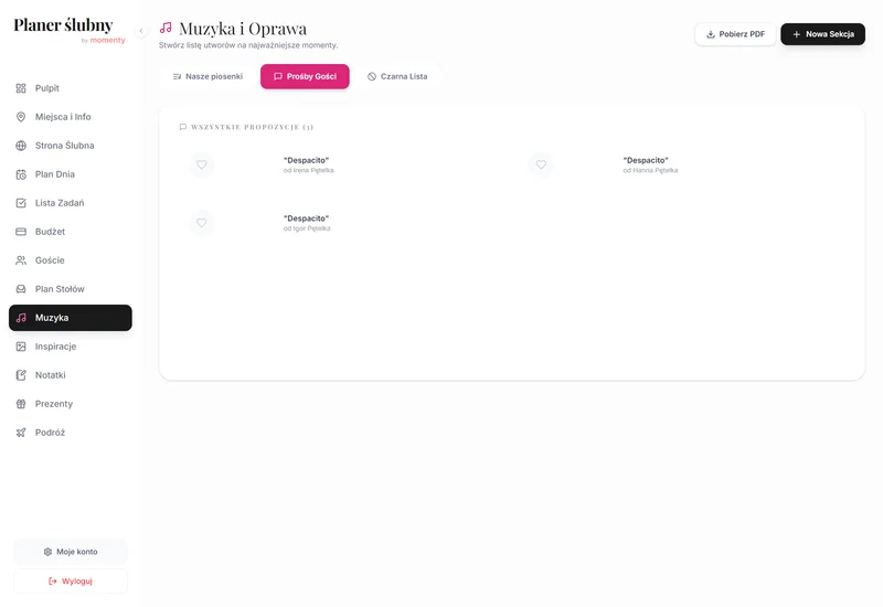 Prośby gości o utwory weselne w planerze online w widoku desktop Prośby gości o utwory weselne w planerze online w widoku desktop