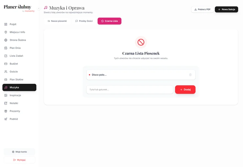 Czarna lista utworów weselnych w planerze online w widoku desktop Czarna lista utworów weselnych w planerze online w widoku desktop